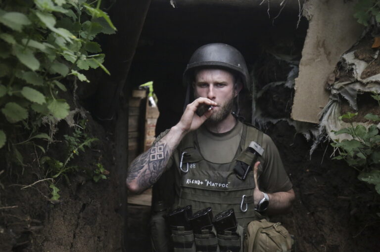 epa09985033 A Ukrainian serviceman smokes a cigarette at a position near the Zaytseve village of the Donetsk region, Ukraine, 29 May 2022. On 24 February, Russian troops invaded Ukrainian territory starting a conflict that has provoked destruction and a humanitarian crisis. According to the UNHCR, more than 6.5 million refugees are estimated to have fled Ukraine, and a further seven million people estimated to have been displaced internally within Ukraine since. EPA/STR