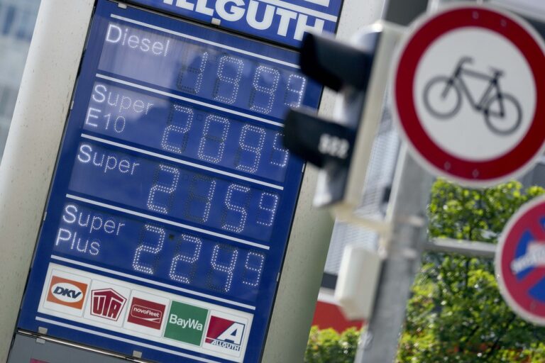 A display board shows the prices for various fuels in Munich, Germany, Monday, May 30, 2022. The Federal Statistical Office says Germany's annual inflation rate accelerated to 7.9 percent in May 2022 with energy prices 38.3 percent higher than in May last year. (AP Photo/Matthias Schrader)