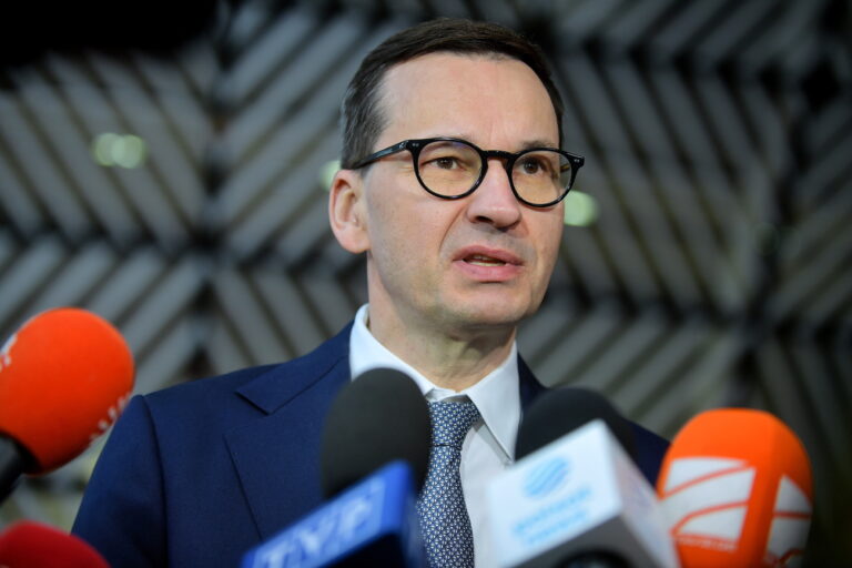epa09987407 Polish Prime Minister Mateusz Morawiecki during a press conference in the 'Europa' building in Brussels, Belgium, 31 May 2022. Prime Minister Morawiecki takes part in the meeting of the European Council. The topics of the summit include Russian aggression against Ukraine, defense, energy and food security. EPA/Marcin Obara POLAND OUT