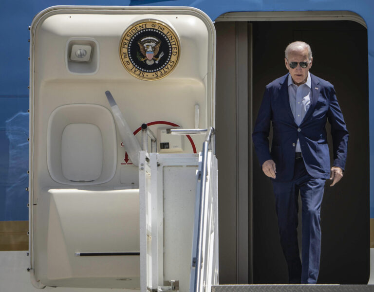 President Joe Biden arrives in Albuquerque, N.M., Saturday, June 11, 2022. (Roberto E. Rosales/The Albuquerque Journal via AP)