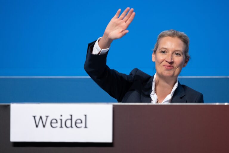 17.06.2022, Sachsen, Riesa: Alice Weidel, Fraktionsvorsitzende der AfD, sitzt vor Beginn des Bundesparteitag der AfD in der Sachsenarena auf ihrem Platz. Auf dem Parteitag soll unter anderem über den künftigen Bundesvorstand entschieden werden.5 Foto: Sebastian Kahnert/dpa +++ dpa-Bildfunk +++ (KEYSTONE/DPA/Sebastian Kahnert)