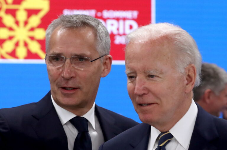 epa10043006 US President Joe Biden (R) and NATO Secretary General Jens Stoltenberg attend the second and last day of the NATO Summit at the IFEMA Convention Center, in Madrid, Spain, 30 June 2022. Heads of State and Government from NATO's member countries and key partners are gathering in Madrid to discuss important issues facing the Alliance and endorse NATO's new Strategic Concept, the Organization said. Spain is hosting the 2022 NATO Summit coinciding with the 40th anniversary of its accession to NATO. EPA/J.J GUILLEN