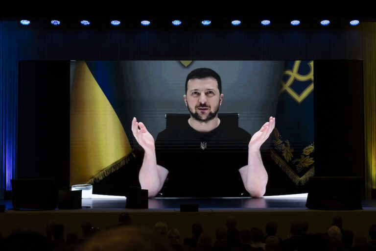 Ukrainian President Volodymyr Zelenskyy delivers a speech by video conference during the Ukraine Recovery Conference URC, Monday, July 4, 2022 in Lugano, Switzerland. The URC is organised to initiate the political process for the recovery of Ukraine after the attack of Russia to its territory. (KEYSTONE/EDA/Michael Buholzer)