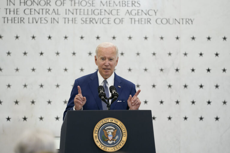 President Joe Biden speaks at the Central Intelligence Agency headquarters in Langley, Va., Friday, July 8, 2022, to thank the workforce and commemorate the agency's achievements over the 75 years since its founding. (AP Photo/Susan Walsh)