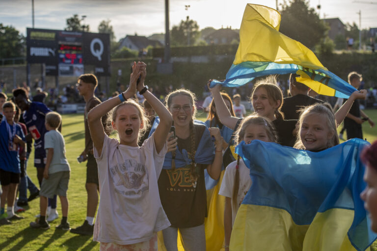 Young Ukraine soccer fans react after the 2:1 victory of Dynamo Kiev after a soccer friendly game between the FC Luzern of Switzerland and FK Dynamo Kiev from Ukraine in Emmenbruecke, Switzerland, Saturday, July 9, 2022. (KEYSTONE/Urs Flueeler)