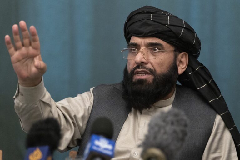 FILE - Suhail Shaheen, Afghan Taliban spokesman speaks during a joint news conference in Moscow, Russia. The Taliban broke its silence Thursday, Aug. 4, 2022, days after a U.S. drone strike killing al-QaidaâÄ™s top leader in AfghanistanâÄ™s capital, acknowledging his slaying, and pledging to launch an investigation. Shaheen, the head of the groupâÄ™s political office in Doha, Qatar told the Associated Press in a whatâÄ™s App message that âÄœThe government and the leadership werenâÄ™t aware of what is being claimed, nor any trace there. Islamic Emirate of Afghanistan reiterates its commitment to Doha Agreement.âÄ AP Photo/Alexander Zemlianichenko, Pool, File)
