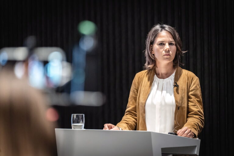 epa10139748 German Foreign Minister Annalena Baerbock during a joint news conference with Denmark's Foreign Minister after their meeting in Eigtveds Pakhus, in Copenhagen, Denmark, 26 August 2022. Baerbock is on an official visit to Denmark. EPA/EMIL HELMS DENMARK OUT