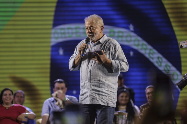 epa10151393 Former Brazilian president and presidential candidate Luiz Inacio Lula da Silva speaks during a campaign event, in Manaus, Amazonas state, Brazil, 31 August 2022. EPA/Bruno Zanardo