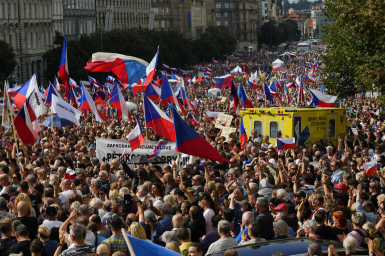 Thousands of demonstrators gather to protest against the government at the Vencesla's Square in Prague, Czech Republic, Saturday, Sept. 3, 2022. (AP Photo/Petr David Josek)