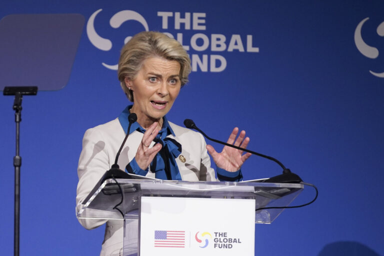 European Commission President Ursula von der Leyen speaks during the Global Fund's Seventh Replenishment Conference, Wednesday, Sept. 21, 2022, in New York. (AP Photo/Evan Vucci)