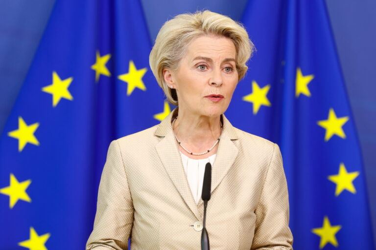 epa10211637 European Commission President Ursula von der Leyen holds a joint press statement to announce a new package of 'biting' sanctions against Russia at the European Commission in Brussels, Belgium, 28 September 2022. European Commission President Von der Leyen announced the proposal of a new package of sanctions against Russia to make 'the Kremlin pay the price' for the 'further escalation' of its invasion of Ukraine 'to a new level', condemning the 'sham referendum' to annex parts of Russia-occupied territories in Ukraine. The sanctions will include a listing of individuals and entities as well as further restrictions in trade, banning imports of Russian products, among others. EPA/STEPHANIE LECOCQ