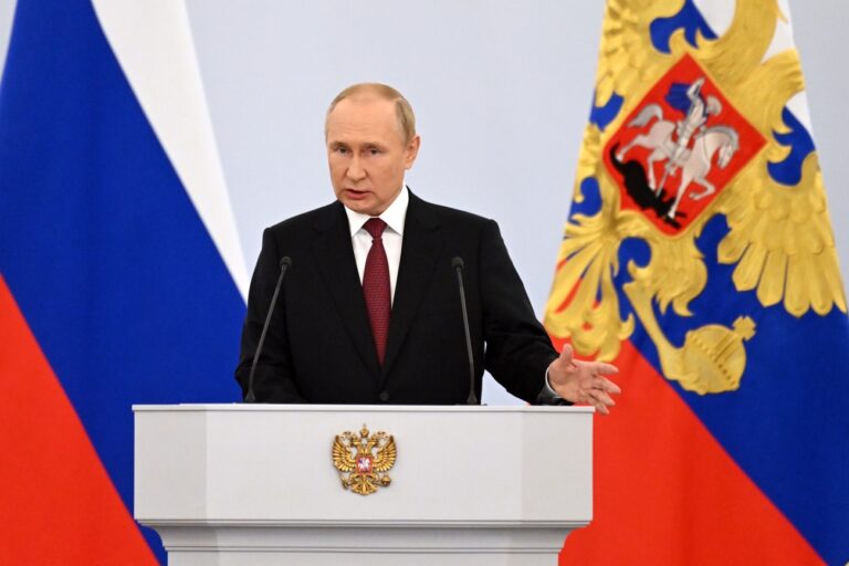 Russian President Vladimir Putin speaks during celebrations marking the incorporation of regions of Ukraine to join Russia, in Red Square in Moscow, Russia, Friday, Sept. 30, 2022. The signing of the treaties making the four regions part of Russia follows the completion of the Kremlin-orchestrated 