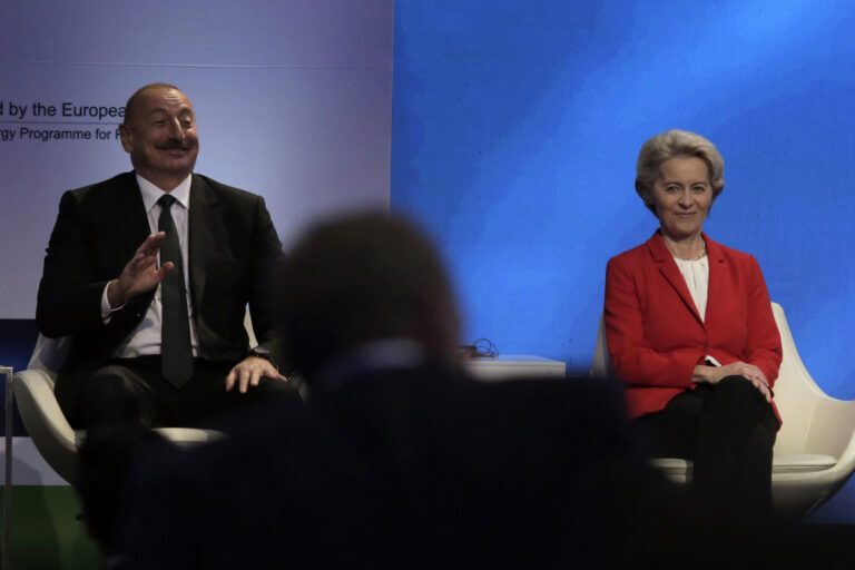 European Commission President Ursula von der Leyen sits next to President of Azerbaijan Ilham Aliyev at the beginning of the official launching ceremony of Commercial Operations of the Gas Interconnector Greece-Bulgaria, in Sofia , Saturday, Oct. 1, 2022. The President of the European Commission hailed on Saturday the official launch of a gas link between Greece and Bulgaria as a key contribution to Europe's energy security amid Russia's energy blackmail. (AP Photo/Valentina Petrova)