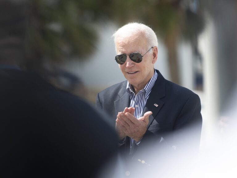 President Joe Biden visits Fisherman's Wharf at Fort Myers Beach, Fla., Wednesday, Oct. 5, 2022, to see the damage caused by Hurricane Ian. (Saul Young/Knoxville News Sentinel via AP, Pool)