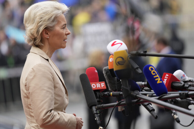 European Commission President Ursula von der Leyen speaks with the media as she arrives for an EU Summit at Prague Castle in Prague, Czech Republic, Friday, Oct 7, 2022. European Union leaders converged on Prague Castle Friday to try to bridge significant differences over a natural gas price cap as winter approaches and Russia's war on Ukraine fuels a major energy crisis. (AP Photo/Darko Bandic)