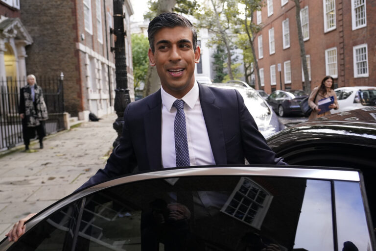 Conservative Party leadership candidate Rishi Sunak leaves the campaign office in London, Monday, Oct. 24, 2022. Sunak ran for BritainâÄ™s top job and lost. Now heâÄ™s back with a second chance to become prime minister. (AP Photo/Aberto Pezzali)
