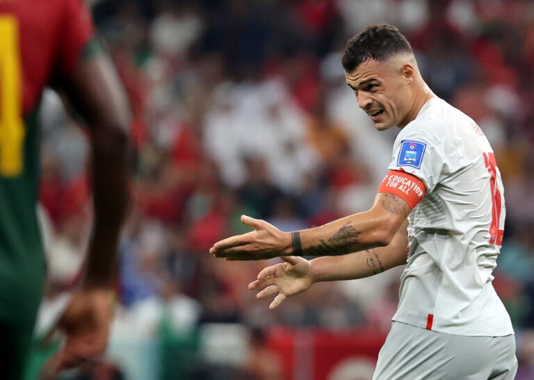 epa10352675 Granit Xhaka of Switzerland reacts during the FIFA World Cup 2022 round of 16 soccer match between Portugal and Switzerland at Lusail Stadium in Lusail, Qatar, 06 December 2022. EPA/Abedin Taherkenareh