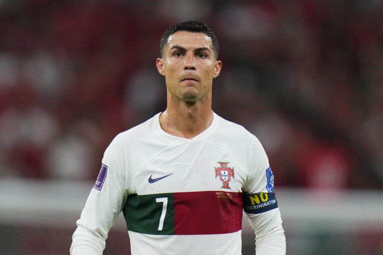Portugal's Cristiano Ronaldo gestures during the World Cup quarterfinal soccer match between Morocco and Portugal, at Al Thumama Stadium in Doha, Qatar, Saturday, Dec. 10, 2022. (AP Photo/Petr David Josek)