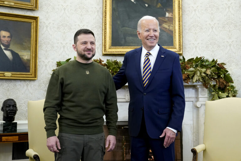 President Joe Biden meets with Ukrainian President Volodymyr Zelenskyy in the Oval Office of the White House, Wednesday, Dec. 21, 2022, in Washington. (AP Photo/Patrick Semansky)