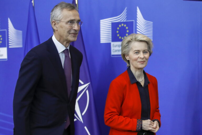 epa10399543 European Commission President Ursula von der Leyen and NATO Secretary General Jens Stoltenberg give a press conference ahead of the weekly European Commission college meeting in Brussels, Belgium, 11 January 2023. NATO Secretary General Jens Stoltenberg is invited for the first time in a seminar of the European Commission, a biannual event that brings EU commissioners to meet outside the wall of the institution. EPA/OLIVIER HOSLET