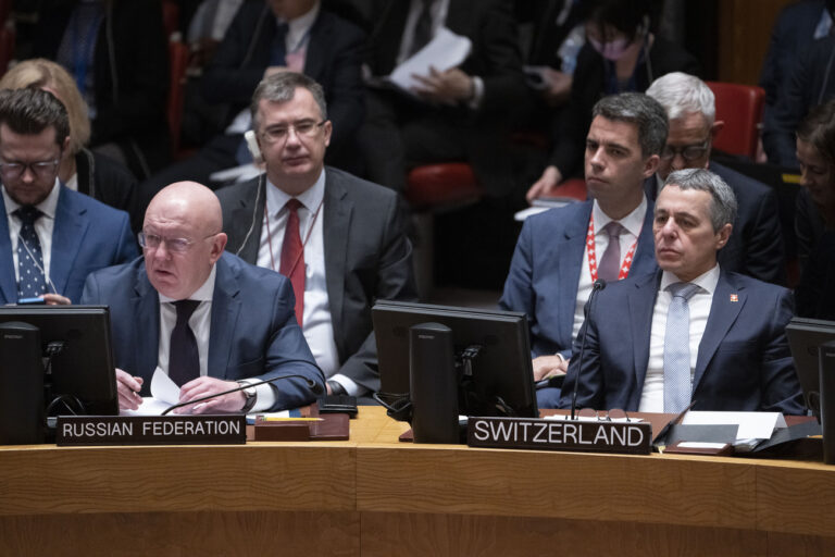 Ignazio Cassis, Head of the Federal Department of Foreign Affairs of the Swiss Confederation, right, sits alongside, Vasily Nebenzya, Permanent Representative of Russia to the United Nations, left, during a Security Council meeting, Thursday, Jan. 12, 2023, at United Nations headquarters. (AP Photo/John Minchillo)
