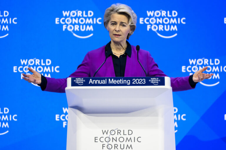 Ursula von der Leyen, President of the European Commission speaks during the 53rd annual meeting of the World Economic Forum, WEF, in Davos, Switzerland, Tuesday, January 17, 2023. The meeting brings together entrepreneurs, scientists, corporate and political leaders in Davos under the topic 