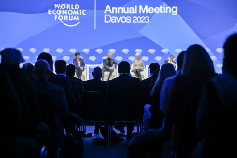 Participants attend a panel on the closing day of the 53rd annual meeting of the World Economic Forum, WEF, in Davos, Switzerland, Friday, January 20, 2023. The meeting brings together entrepreneurs, scientists, corporate and political leaders in Davos under the topic 