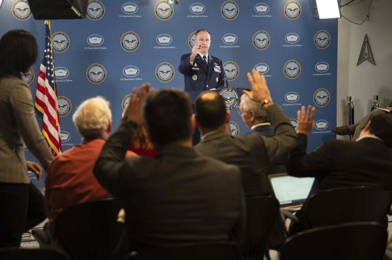 Pentagon press secretary Brig. Gen. Pat Ryder takes question at a press briefing at the Pentagon on Wednesday, Feb. 8, 2023, in Washington. (AP Photo/Kevin Wolf)