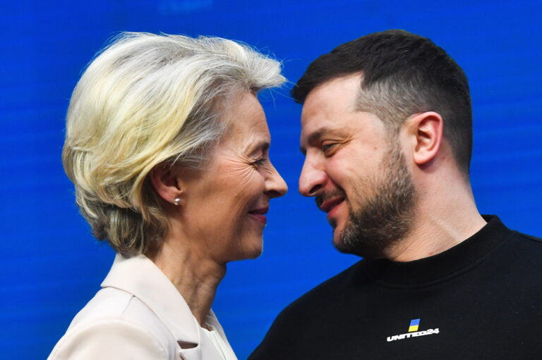 epa10456983 President of the European Commission Ursula von der Leyen (L) and Ukraine's President Volodymyr Zelensky react during a joint press conference with the president of the European Council (not pictured) on the sidelines of a special meeting of the European Council in Brussels, Belgium, 09 February 2023. EU leaders will meet in Brussels on 09 and 10 February for a summit to discuss Russia's invasion of Ukraine, the EU's economy and competitiveness, and its migration policy. EPA/Radek Pietruszka POLAND OUT