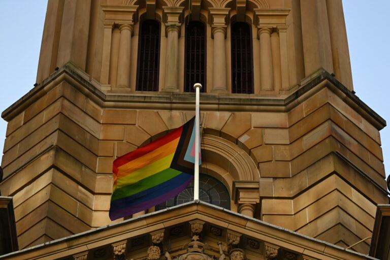 epa10472126 The Progress Pride Flag is raised marking the start of the Gay and Lesbian Mardi Gras festival and Sydney WorldPride celebrations at Sydney Town Hall, in Sydney, Australia, 17 February 2023. Sydney WorldPride 2023 will be held from 17 February to 05 March. EPA/DEAN LEWINS AUSTRALIA AND NEW ZEALAND OUT