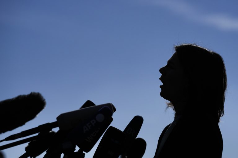 German Foreign Minister Annalena Baerbock briefs the media to present the government's new feminist foreign policy guidelines, after the cabinet meeting of the German government at the chancellery in Berlin, Germany, Wednesday, March 1, 2023. (AP Photo/Markus Schreiber)