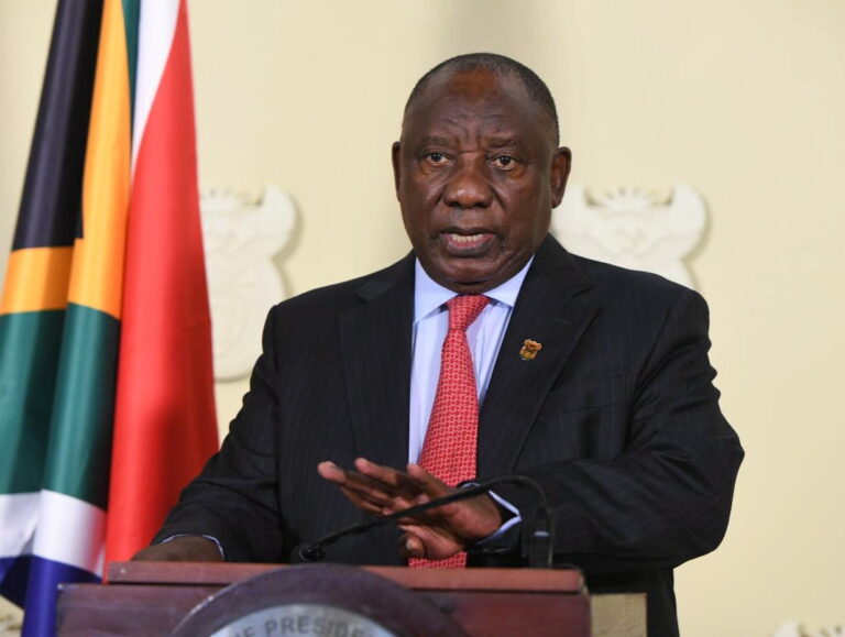 epa10506988 A handout photo made available by GCIS shows South African President Cyril Ramaphosa addressing the nation overnight while announcing his new cabinet and a new Deputy President, Pretoria, South Africa, 06 March 2023 (issued 07 March 2023). President Cyril Ramaphosa announced an expanded government including a Minister of Electricity and a Minister of Performance, Monitoring and Evaluation. ANC minister Paul Mashatile has been given the post of Deputy President. EPA/GCIS / HANDOUT HANDOUT EDITORIAL USE ONLY/NO SALES