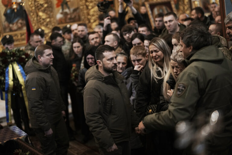 Ukrainian President Volodymyr Zelenskyy attends the funeral of Ukrainian officer Dmytro Kotsiubaylo, code-name 