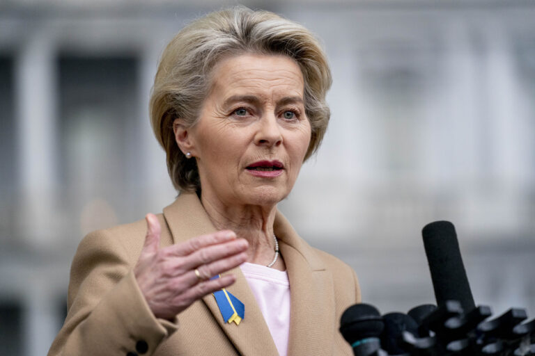 European Commission President Ursula von der Leyen speaks to members of the media outside the West Wing after meeting with President Joe Biden at the White House in Washington, Friday, March 10, 2023. (AP Photo/Andrew Harnik)