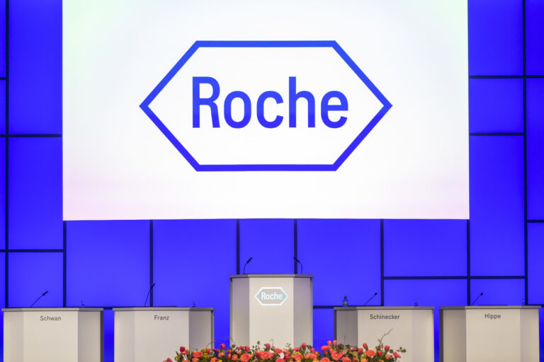 The stage is ready for the Annual General Meeting of Roche in Basel, Switzerland, on Tuesday, March 14, 2023. (KEYSTONE/Georgios Kefalas)