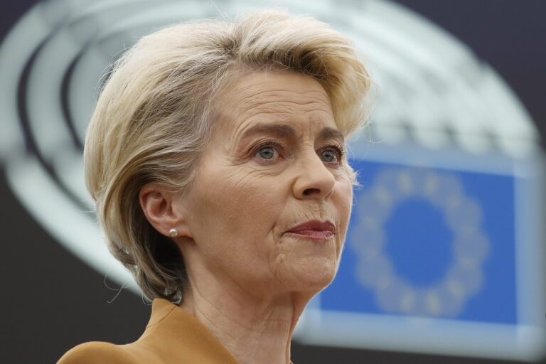 epa10523607 European Commission President Ursula von der Leyen speaks during the session on the preparation of the European Council meeting of 23-24 March 2023, at the European Parliament in Strasbourg, France, 15 March 2023. The session of the European Parliament runs from 13 till 16 March. EPA/JULIEN WARNAND