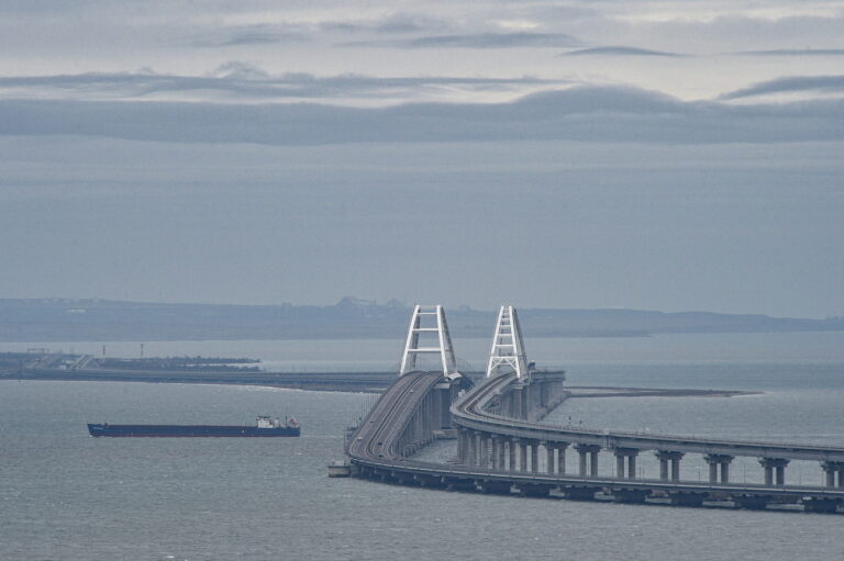 epa10524582 A general view of the Crimean Bridge in Kerch, Crimea, 14 March 2023 (issued 15 March 2023). The bridge connects the Russian mainland with the Crimean Peninsula across the Kerch Strait. In February 2014 Russian forces invaded and seized control of the Crimean Peninsula. Russia declared the annexation of Crimea on 18 March 2014, two days after the celebration of a so called 'referendum' in that territory. In a vote that reaffirmed Ukraine's 'national unity and territorial integrity', the United Nations General Assembly in the Resolution 68/262 condemned the referendum in Crimea stating it had 'no validity'. After the annexation Moscow escalated its military presence on the peninsula to solidify the new status quo on the ground and since 2015, Russia approved the 'Day of Reunification of Crimea with Russia' as a holiday marked annually on 18 March. EPA/STRINGER