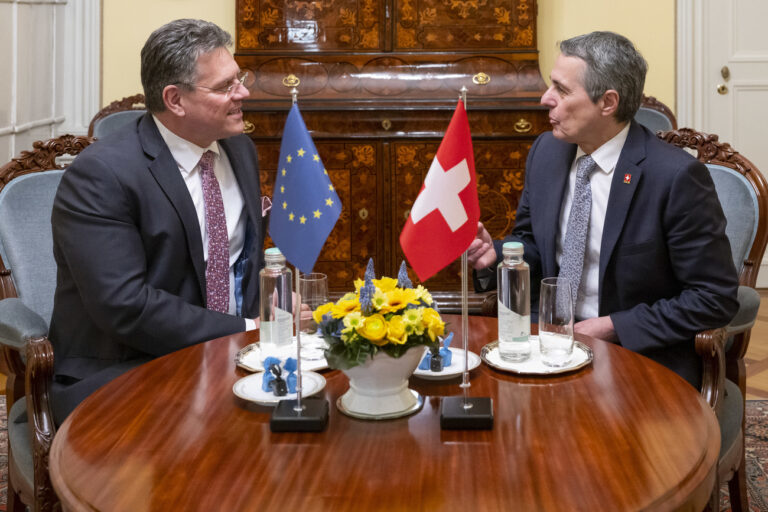 Swiss Federal Councilor Ignazio Cassis, right, welcomes Maros Sefcovic, Vice-President of the European Commission during a working visit in Bern, Switzerland, on Wednesday, March 15, 2023. (KEYSTONE/Peter Schneider)