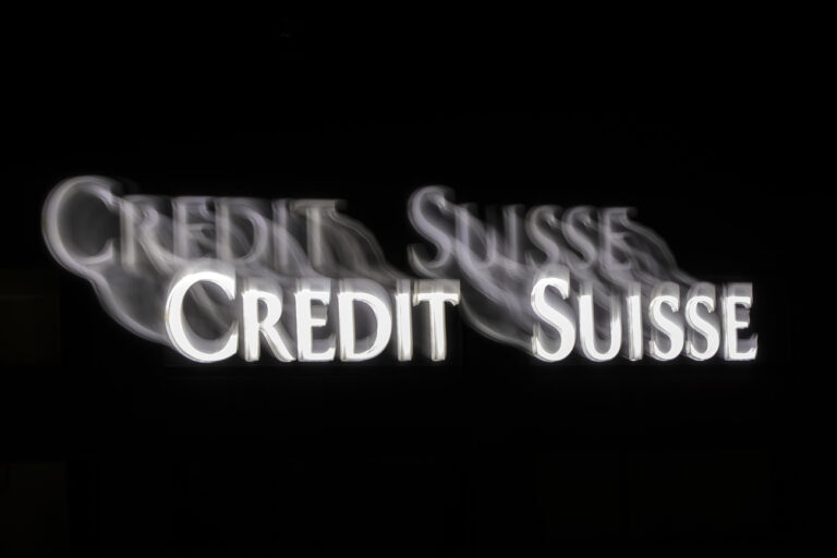 The logo of Swiss bank Credit Suisse is seen on a building in Zurich, Switzerland, on March 15, 2023. Battered shares of Credit Suisse lost more than one-quarter of their value Wednesday March 15, 2023, hitting a record low after its biggest shareholder the Saudi National Bank told outlets that it would not inject more money into the ailing Swiss bank. (KEYSTONE/Michael Buholzer)