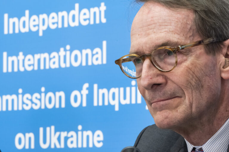 Erik Mose, Chair of the Independent International Commission of Inquiry on Ukraine, speaks about the release of comprehensive report by the UN Independent International Commission of Inquiry on Ukraine to the Human Rights Council, during a press conference at the European headquarters of the United Nations in Geneva, Switzerland, Thursday, March 16, 2023. (KEYSTONE/Martial Trezzini)