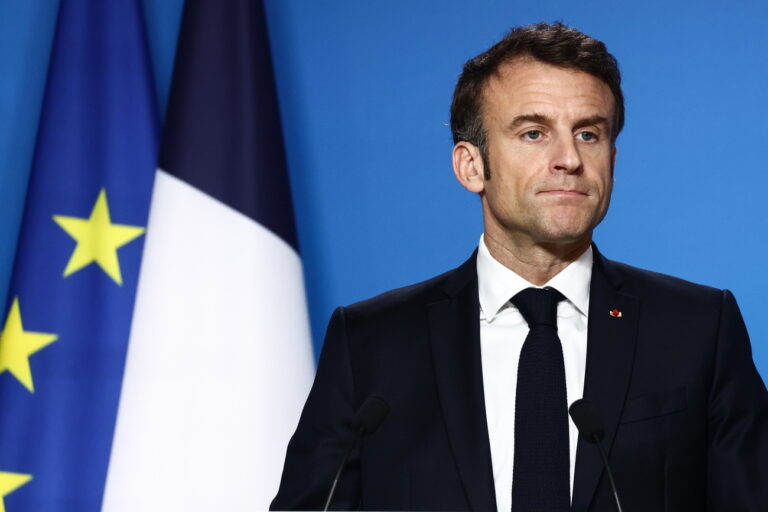 epa10540706 French President Emmanuel Macron gives a press conference at the end of the second day of an EU Summit in Brussels, Belgium, 24 March 2023. EPA/STEPHANIE LECOCQ