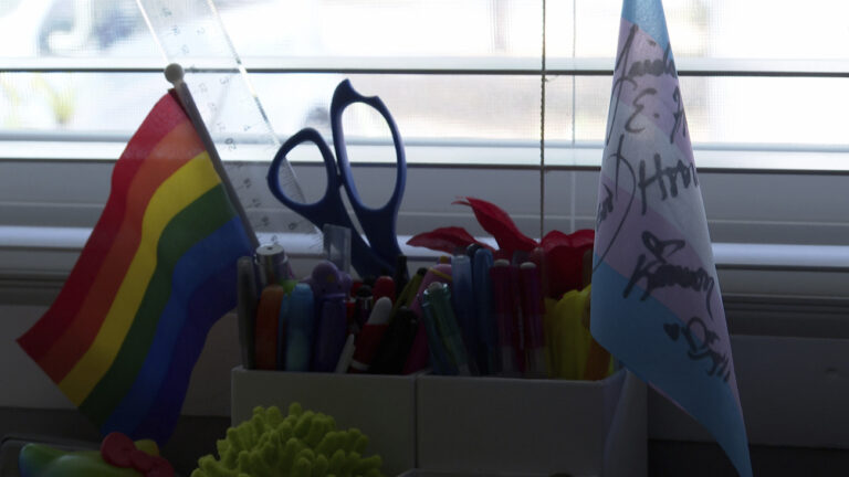 Flags that represent transgender and LGBTQ+ rights on Charlie Suor's desk at his home in Tampa, Fla. on March 26, 2023. Carys Mullins, a Florida teenager has documented how it feels to be young and transgender for a film set to debut at a festival as transgender people around the world celebrate visibility and lawmakers across the country look to restrict their rights and care. (AP Photo/Laura Bargfeld)