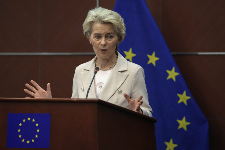 European Commission President Ursula von der Leyen speaks during a press conference at the Delegation of the European Union to China, in Beijing, Thursday, April 6, 2023. (AP Photo/Andy Wong)