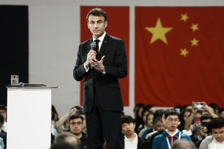 France's President Emmanuel Macron delivers a speech at the Sun Yat-Sen university, in Guangzhou, China, Friday, April 7, 2023. Chinese leader Xi Jinping called Thursday for peace talks over Ukraine after French President Emmanuel Macron appealed to him to 