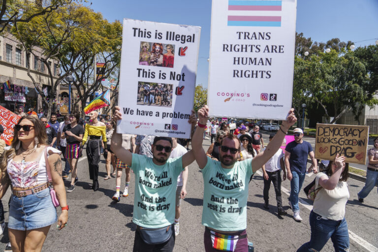 Supporters of gay, lesbian, drag, queer, and transgender rights rally during an Easter Sunday Drag March in protest of anti-LGBTQ legislation nationwide, in West Hollywood, Calif., on Sunday, April 9, 2023. (AP Photo/Damian Dovarganes)