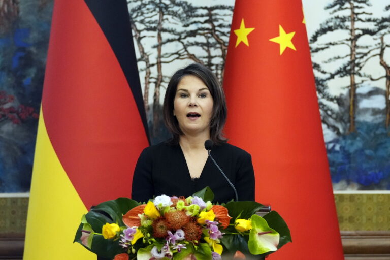 epa10571861 German Foreign Minister Annalena Baerbock speaks during a joint press conference with Chinese Foreign Minister at the Diaoyutai State Guesthouse in Beijing, China, 14 April 2023. EPA/SUO TAKEKUMA / POOL