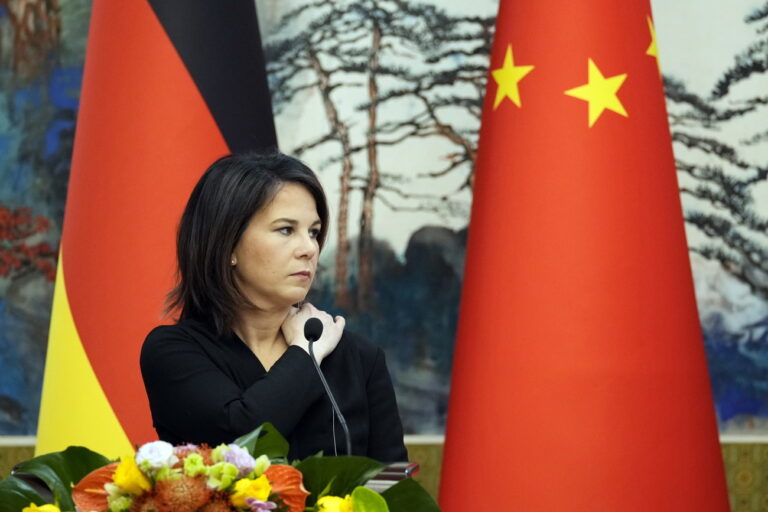 epa10571870 German Foreign Minister Annalena Baerbock attend a joint press conference with Chinese Foreign Minister Qin Gang (not pictured) at the Diaoyutai State Guesthouse in Beijing, China, 14 April 2023. EPA/SUO TAKEKUMA / POOL