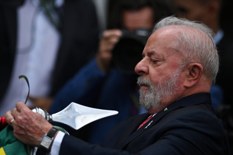 epa10580278 The President of Brazil, Luiz Inacio Lula da Silva, participates in the Army Day ceremony at the Army Headquarters, in Brasilia, Brazil, 19 April 2023. Luiz Inacio Lula da Silva, led the Army Day celebrations in an event of strong symbolism and defense of democracy, after the coup attempt by the ultra-right on 08 January. EPA/Andre Borges
