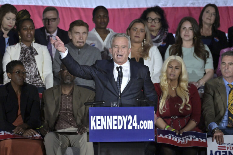 Robert F. Kennedy Jr. speaks at an event where he announced his run for president on Wednesday, April 19, 2023, at the Boston Park Plaza Hotel, in Boston. (AP Photo/Josh Reynolds)