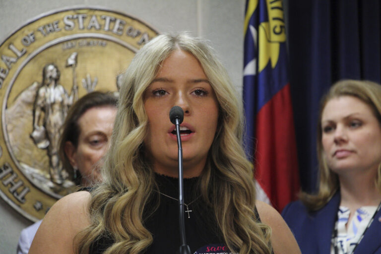Payton McNabb, a senior at Hiwassee Dam High School in Murphy, N.C., speaks at a news conference about transgender inclusion in sports at the North Carolina Legislative Building, Wednesday, April 19, 2023, in Raleigh, N.C. The North Carolina House passed legislation Wednesday that would prohibit transgender girls from joining female sports teams in middle school, high school and college. (AP Photo/Hannah Schoenbaum)